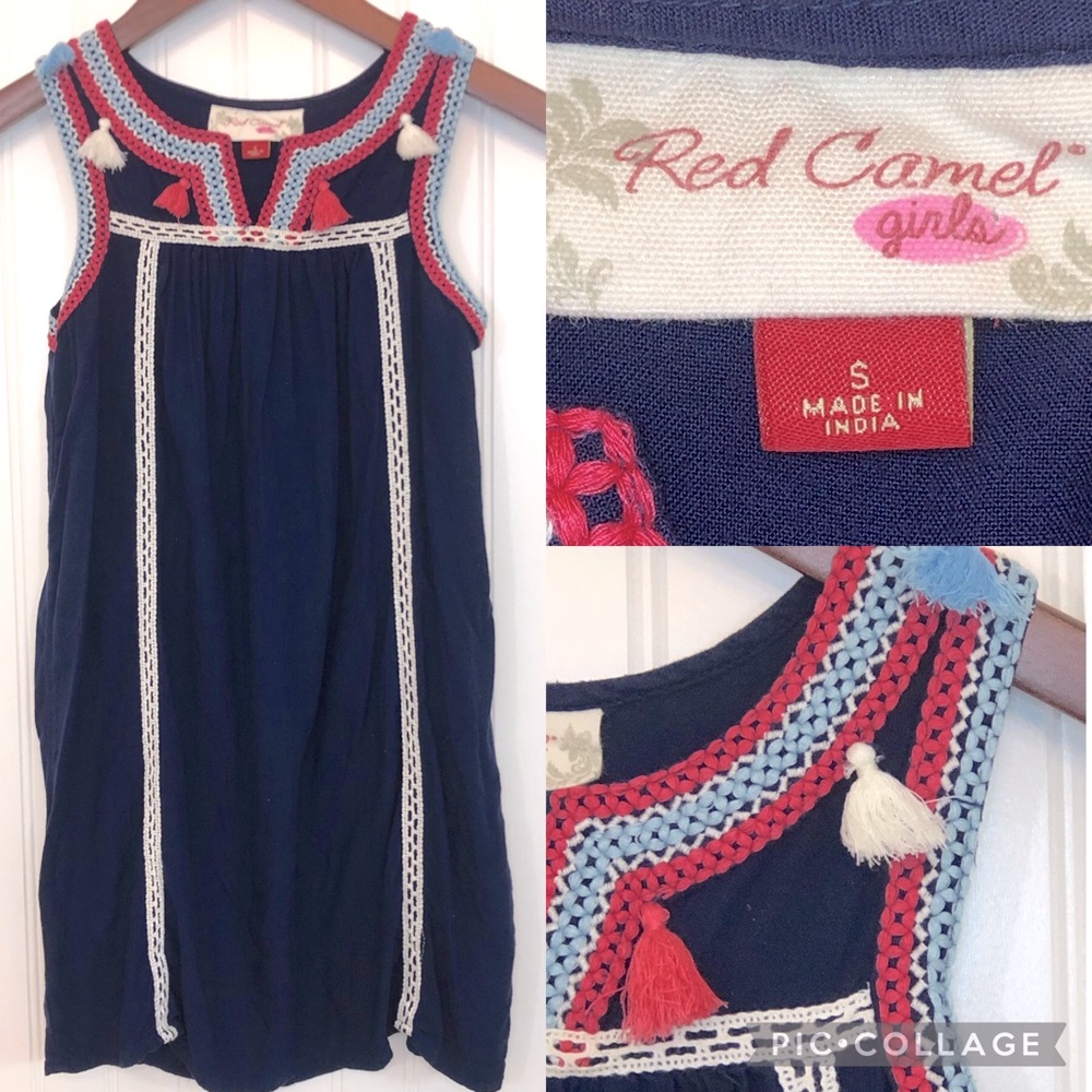 Red Camel Girls Embroidered Tassel Shift Dress Sleeveless Small Blue White Pink